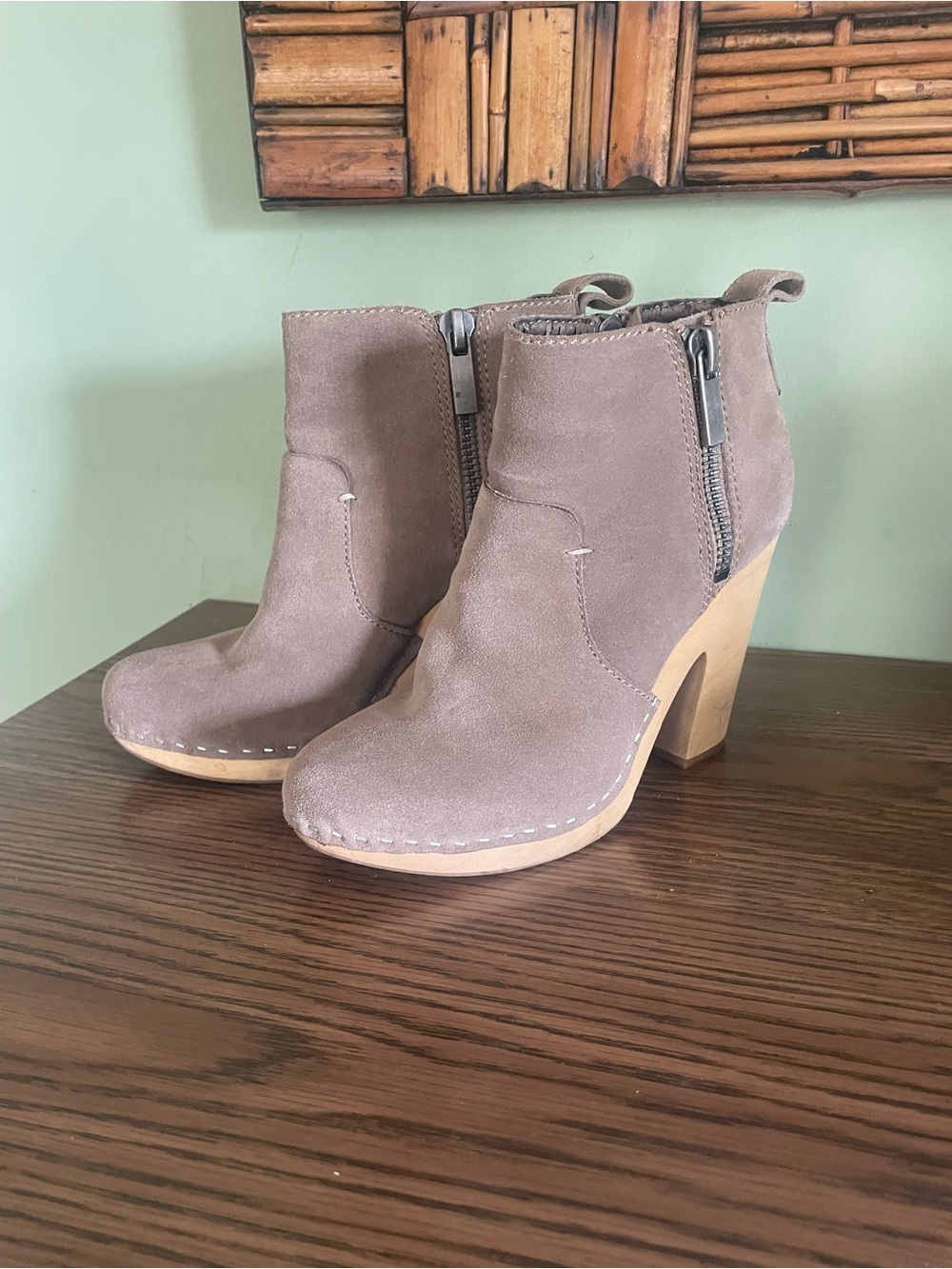 Dolce Vita Taupe Suede Heeled Clog Booties